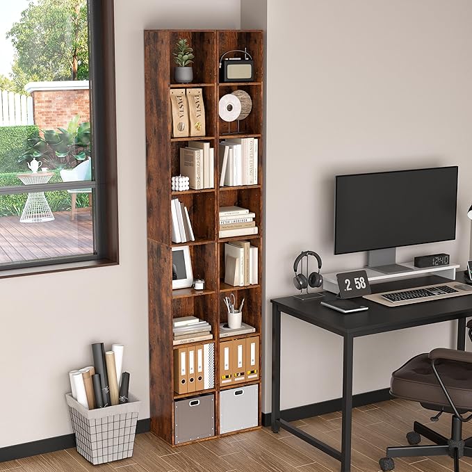 8-Cube Storage Organizer Bookcase, White, Tall Narrow Bookshelf for Home Office (Retro Brown)