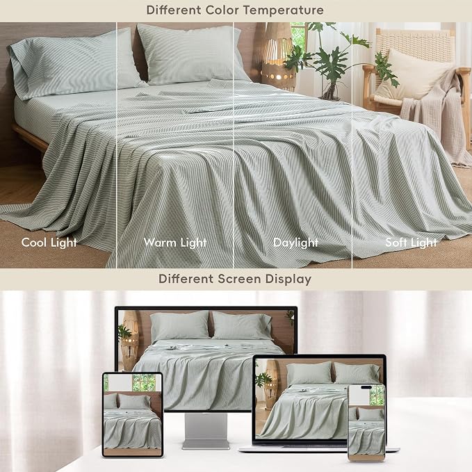 MooMee Striped Sheet Set 100% Washed Cotton Linen Like Textured Breathable Durable Soft Comfy (Heathered Green Pinstripes, Queen)