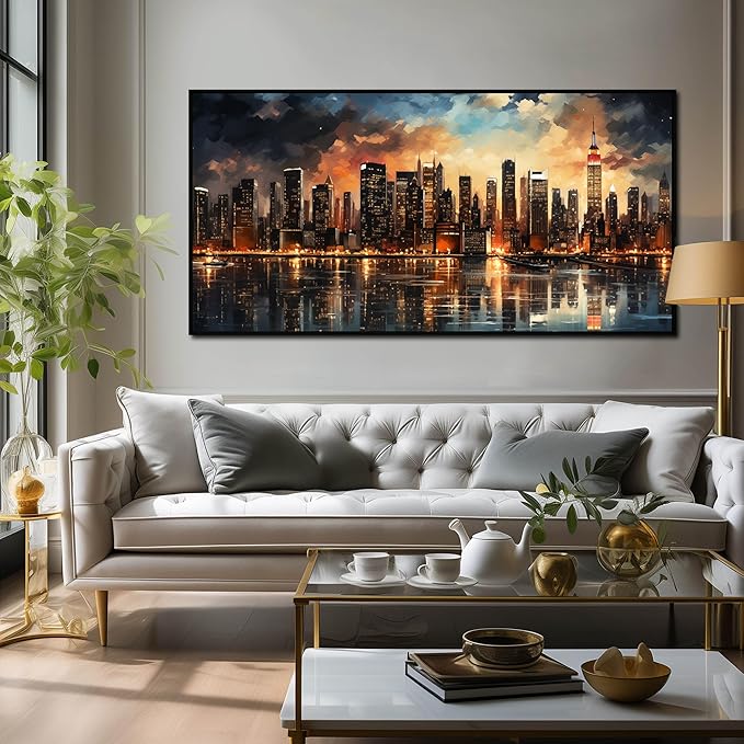 New York Skyline Wall Art for Living Room Modern City Wall Decor for Office Black Framed Wall Art 29 x 58 Inch