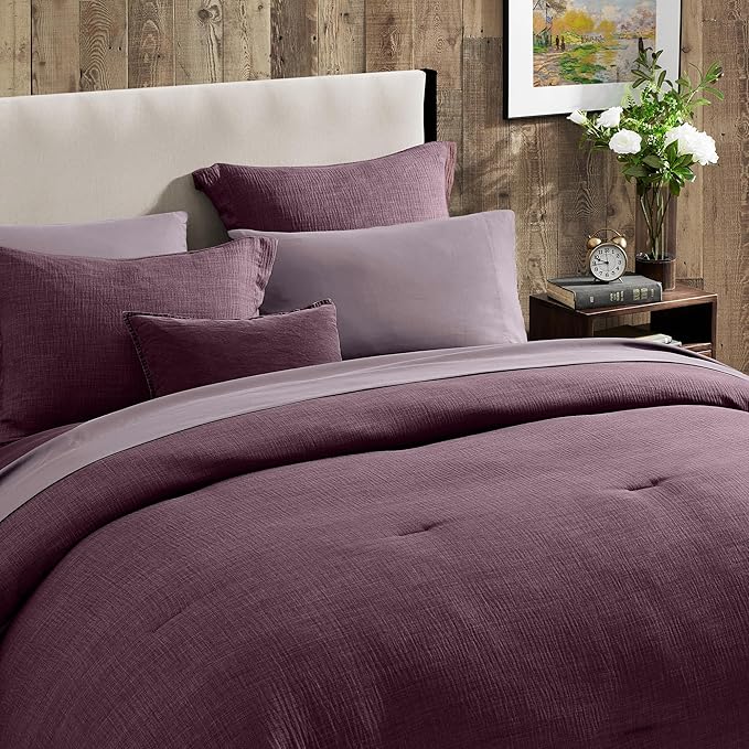 Geniospin Purple Full Comforter Set - 7 Pieces Eggplant Comforter Full Size, Solid Bedding Set for All Season, Textured Bed in a Bag with Sheets