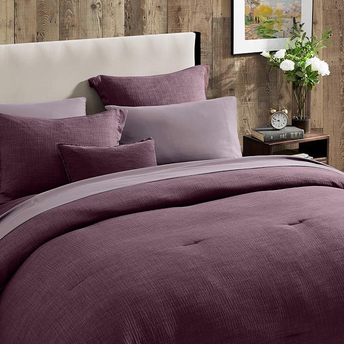 Geniospin Purple Queen Comforter Set - 7 Pieces Egglant Comforter Queen Size, Solid Bedding Set for All Season, Textured Bed in a Bag with Sheets