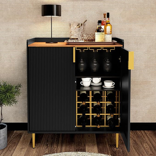 ARTPOWER Sideboard Buffet Cabinet with Fluted Texture, Modern Coffee Bar Cabinet with Wine Rack&Drawers, Black Liquor Cabinet for Kitchen Dining Room, Living Room