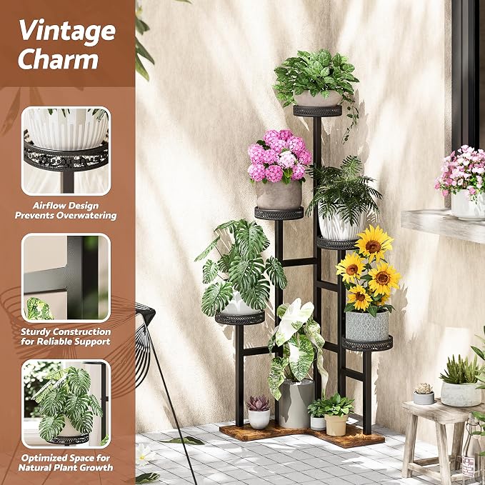 5 Tiered Corner Plant Stands Tall Indoor, Tiered Plant Stand Outdoor,Wood Plant Shelf for Multiple Plants, Wrought Iron Flower Pot Stand, Tall Plant Rack Shelf for House Patio - BlackWave