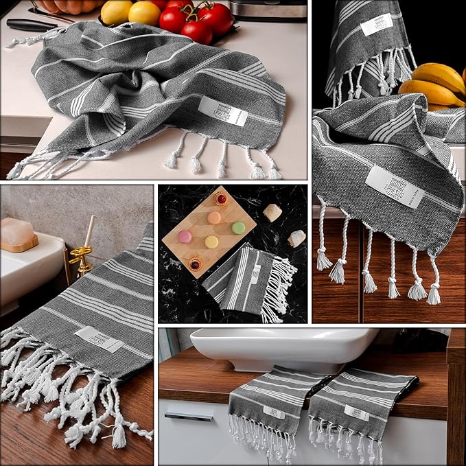 Hand Towels - Set of 2 | 18" x 30" - Decorative Turkish Hand Towel for Bathroom, Kitchen, Guest, Face, Hair, Tea, Dishcloth (Sultan, Anthracite)