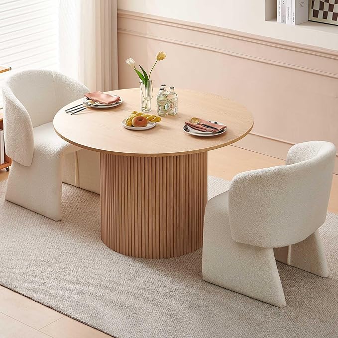 NORDICANA 3-Piece Round Dining Table Set for 2, Rustic 47-Inch Kitchen Table and Chair Set, Dining Set with Off White Upholstered Armchairs, Manufactured Wood Top with Oak Veneer