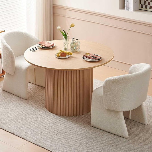NORDICANA 3-Piece Round Dining Table Set for 2, Rustic 47-Inch Kitchen Table and Chair Set, Dining Set with Off White Upholstered Armchairs, Manufactured Wood Top with Oak Veneer
