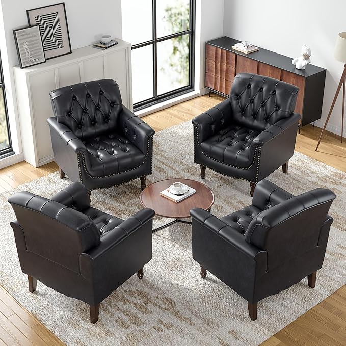 Lumibee Faux Leather Accent Chairs Set of 4, Upholstered Armchairs with Nailhead Trims & Wood Legs for Living Room, Bedroom, Contemporary Comfy Club Chairs for Office-Blue Black