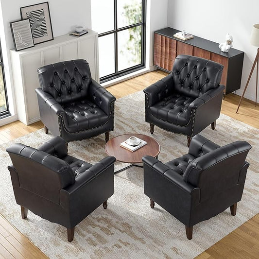 Lumibee Faux Leather Accent Chairs Set of 4, Upholstered Armchairs with Nailhead Trims & Wood Legs for Living Room, Bedroom, Contemporary Comfy Club Chairs for Office-Blue Black