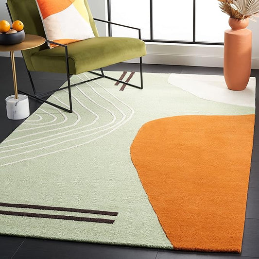 SAFAVIEH Rodeo Drive Collection Area Rug - 6' Square, Green & Rust, Handmade Mid-Century Modern Abstract Wool, Ideal for High Traffic Areas in Living Room, Bedroom (RD860Y)