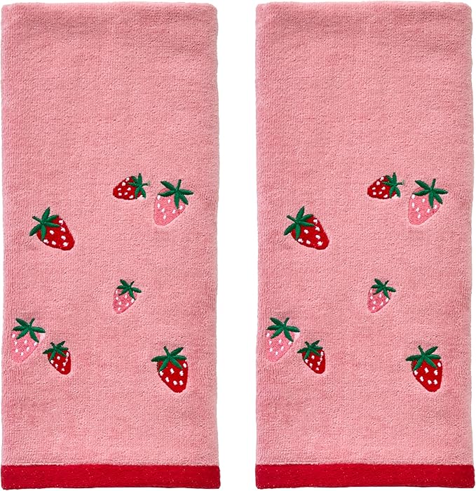 SKL Home Strawberry Toss 100% Cotton Embroidered 2pc Hand Towel Set, Decorative for Bath/Kitchen/Bar & Gift, Pink