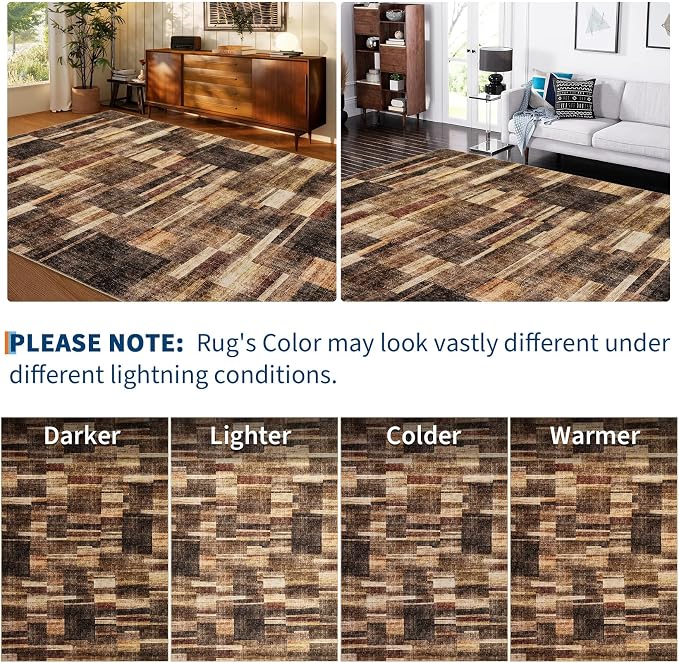 Large Living Room Area Rug 8x10 - Machine Washable Modern Rugs Geometric Brown Rug Non Slip Non-Shedding Low Pile Farmhouse Carpet for Bedroom Nursery Classroom Dorm 8'x10' Brown