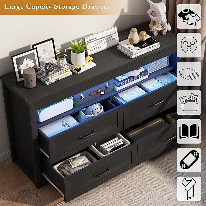 Black Dresser for Bedroom, Wood 4 Drawer Dresser with LED Light, Dressers & Chests of Drawers with Metal Handles, Storage and Organization for Bedroom, Hallway, Entryway