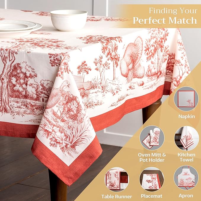 Maison d' Hermine Table Cloth Rectangle Table 100% Cotton 60 x 90 Inches Fall Tablecloth Reusable Everyday Use for Thanksgiving Christmas Decorations Dining Farmhouse Party (Holy Jouy - Red)