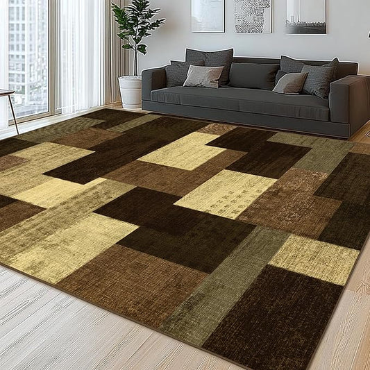 Modern Geometric Patchwork Indoor Area Rug for Living Room, Warm Taupe 8x10 Large Rug Rockwood Collection Hardwood Floors Decor for Bedroom, Taupe Throw Carpet for Office Entryway Dining Room