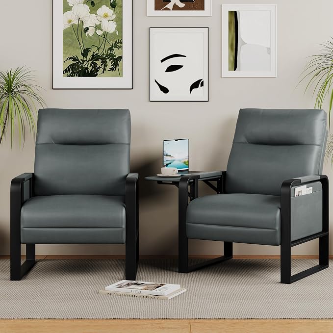 Alunaune Upholstered Living Room Chair Armchair, Mid Century Faux Leather Metal Accent Chair, Reception Couch Slipper Club Lounge Chair Guest Comfy Single Sofa with Sidetable for Bedroom-Dark Grey