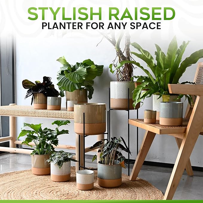 23 Bees Mid-Century Modern Ceramic Planter with Plant Stand Indoor Decorative Plant Pot with Stand in Earthy Beige and White Glaze, Black Metal Stand (Large 16 inch plant pot, Three sizes) (Medium)