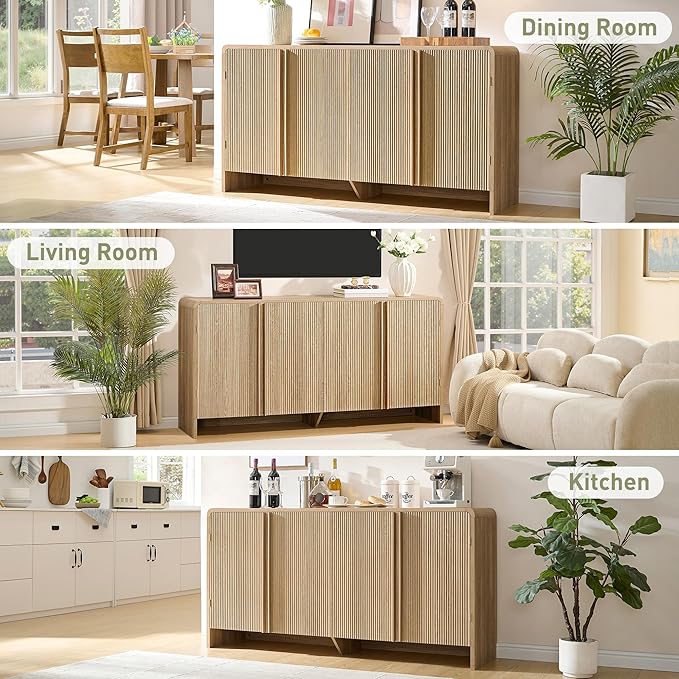 AMERLIFE 63" Fluted Sideboard Buffet Cabinet with Storage, Modern Credenza Console with 4 Doors & Adjustable Shelves, Wood Coffee Bar for Kitchen, Living Room, Hallway, Natural Oak