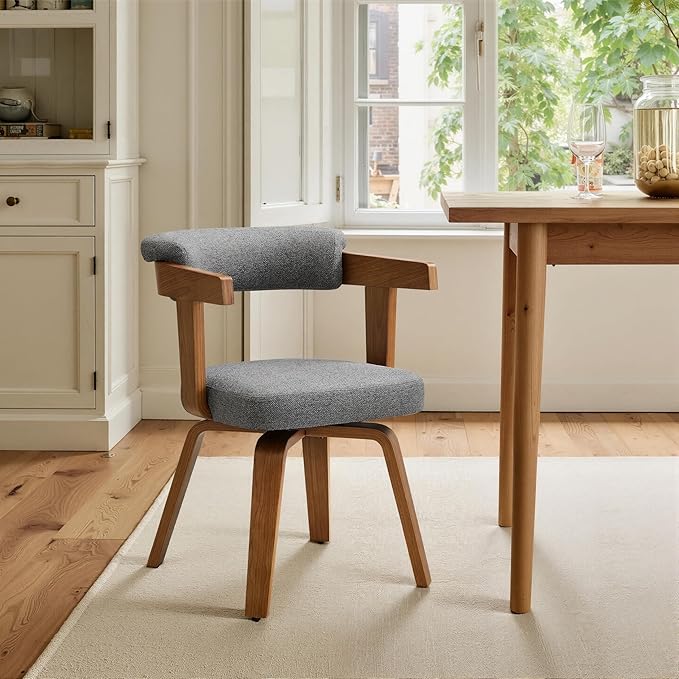 Art Leon Office Chair No Wheels - Mid Century Modern Desk Chair, Fabric Upholstered Accent Arm Chair with Wood Legs for Small Spaces Home Office Living Room Bedroom Study, Off White/Walnut