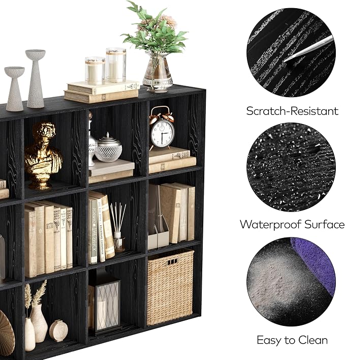 VDNEND Wooden Storage Organizer with Closed Back Panel, 11in Cube Shelf Opening, Bookshelf, Display Shelf,Closet Cabinet for Home and Office (Black, 12-Cube 35.98L*9.45W*47.72H)