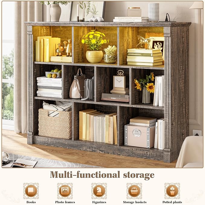 EnHomee 10 Cube Storage Organizer with LED Light and Charging Station Wood Cube Shelf Display Cabinet for Bedroom, Living Room, Office, Black Oak