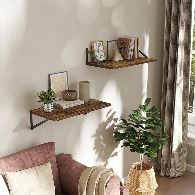 Deep Floating Shelves Wall Mounted, 24"x12" Brown Wood Shelves with Brackets Set of 2 for Bedroom, Living Room, Bathroom, Kitchen, Office - Storage & Display Shelf for Decor, Books, Plants