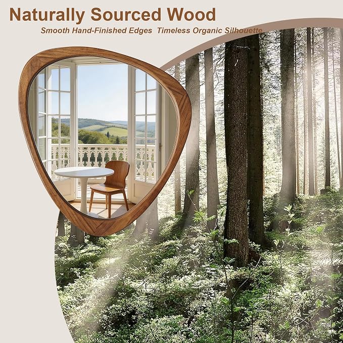 24" x 19" Asymmetrical Wall Mirror with Brown Wood Frame, Irregular Wall Mirror for Bedroom Entryway Living Room, HD Tempered Glass, Horizontal or Vertical Hanging