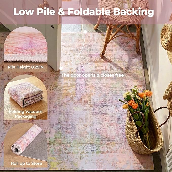Kokia Abstract Area Rugs Living Room Washable Low Pile 4x6 Non-Slip Indoor Decor Pink Orange Carpet Foldable Stain Resistant Ombre Rugs Bedroom Dining Room, Oslo Liora