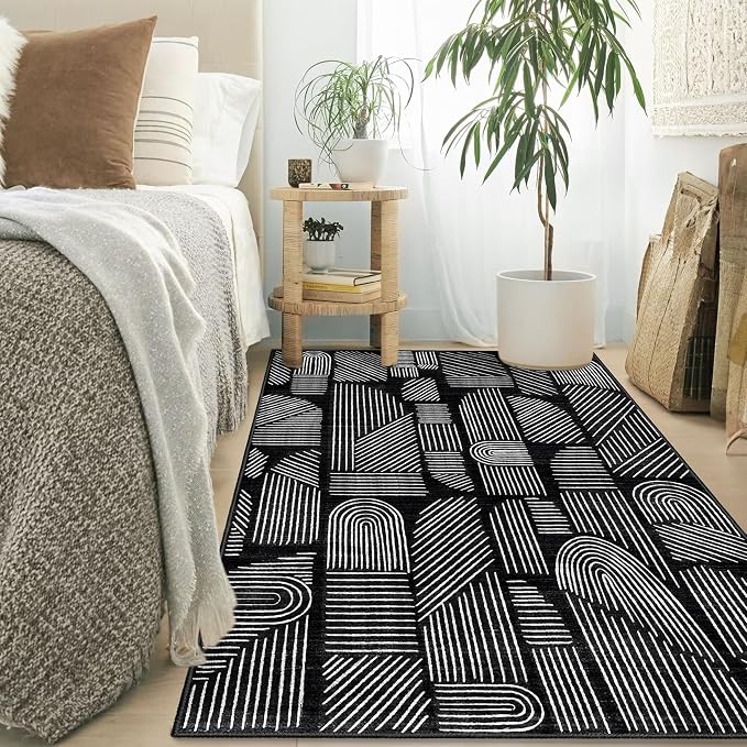 MUJOO 3x5 Washable Rug,Mid Century Modern Abstract Non Slip Low Pile Area Rug,Black and White Rug for Living Room Bedroom Entryway