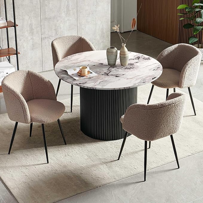 47" Round Wooden Kitchen Dining Table Set for 4, Industrial Breakfast Nook Table Set with Brown Sherpa Barrel Dining Accent Side Chairs for Dining Hall, Two-Part Tabletop, White Marble Look