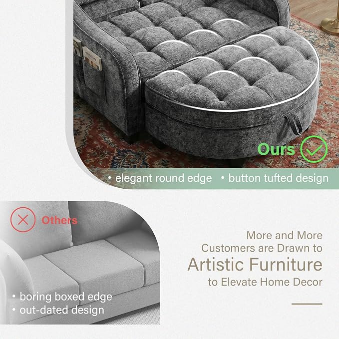 Round Chaise Lounge Chair with Storage Ottoman, Oversized Bubble Chair and a Half Featuring Adjustable Backrest, Plush Reading Accent Chair and Ottoman Set for Bedroom, Silver Grey