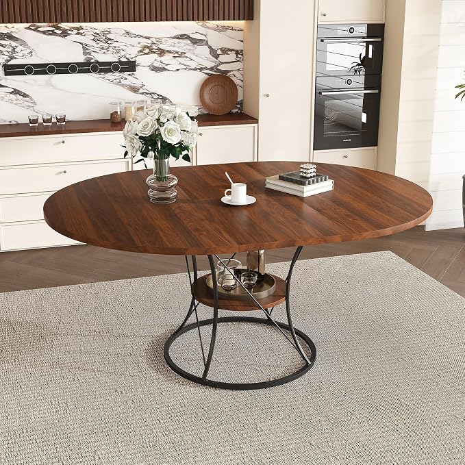 43"-59" Extendable Round Dining Table for 4-6,Mid Century Modern Walnut Wood Grain Table,Expandable Kitchen Table with Storage Shelf for Small Spaces