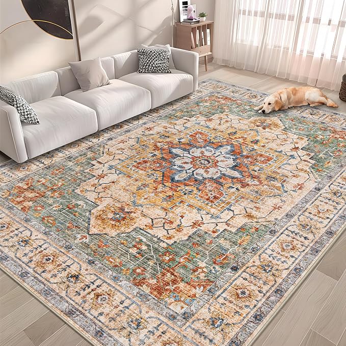 Area Rug 6x9 Vintage Rug: Washable Indoor Medallion Rugs Low Pile Distressed Floor Carpet Retro Accent Rug for Living Room Bedroom Kitchen Dining Table Home Office(Green/Yellow, 6'x9')