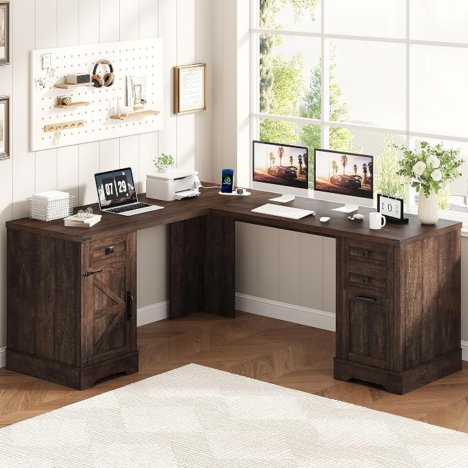 Squireewo 68.9'' Farmhouse L Shaped Desk with Drawers, Wood Executive Home Office Desk with Charging Station, File Drawers and Storage Cabinet, Computer Corner Desk for Work, Study and Writing, Brown
