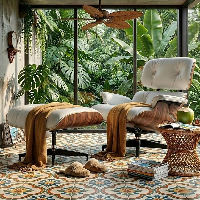 Mid Century Chaise Lounge Chair with Ottoman, Top Black Grain Leather, Modern Office Chair Classic Design, Heavy Duty Base Support for Living Room Study Lounge Office