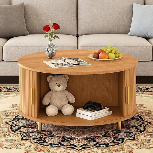 DHH Round Coffee Table, 31.5" Mid Century Modern Coffee Table with 360° Sliding Tambour Door, Fluted Accent Coffee Table with Storage,Adjustable Footpads for Living Room, Yellow Walnut