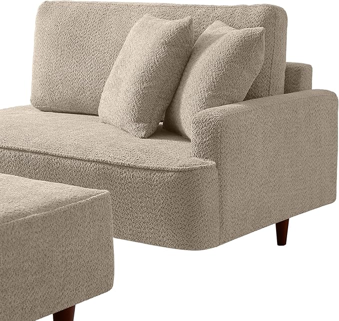 GDFStudio Upholstered Chaise Lounge Chair Indoor with Ottoman, Boucle Fabric Chaise Chair with 2 Throw Pillows and Solid Wood Legs, Recliner Lounge Chair for Office Living Room Bedroom, Camel