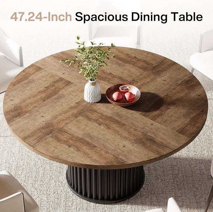 Tribesigns 47.24-Inch Black Round Dining Table for 4-6 People, Modern Fluted MDF + Metal Base Kitchen Table, Sturdy Circle Dining Room Furniture, Brown + Black