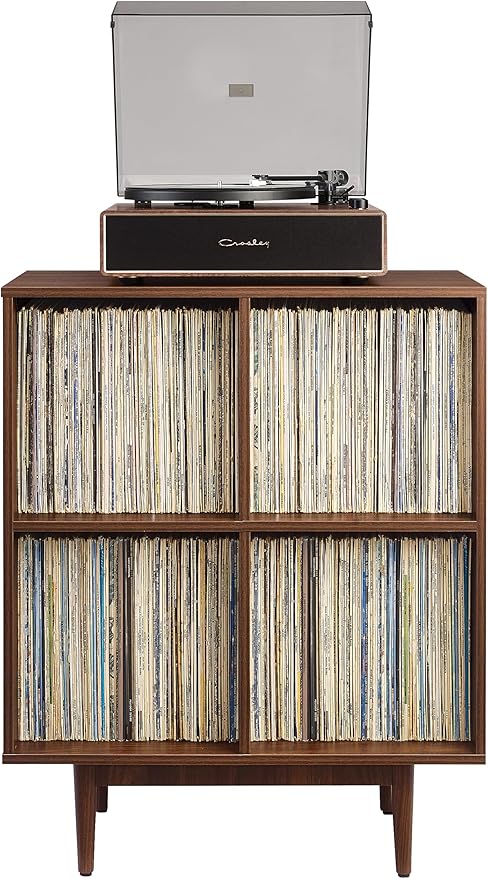 Crosley Furniture Liam Vinyl Record Storage 4 Cube Media Stand for Turntables, Mid-Century Modern Bookshelf, Walnut