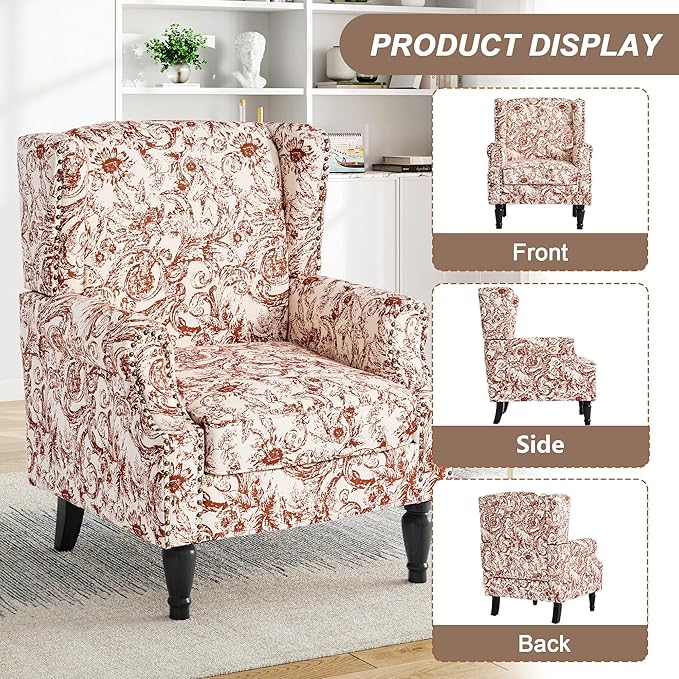 Pia Ricco Set of 2 Floral Accent Chairs, High Back Upholstered Armchairs with Retro Wingback Design, Nailhead Trim & Solid Wood Legs for Living Room Bedroom Home Office(Rococo Orange)