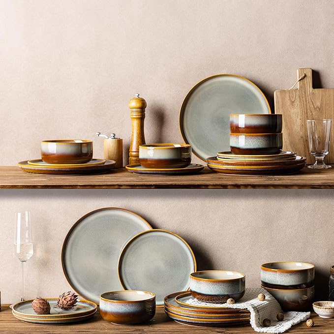TheTerra Ceramic Dinnerware Sets for 6, 18 Pieces Handmade Reactive Glaze Plates and Bowls Set, Scratch Resistant Dish Set, Oven & Microwave & Dishwasher Safe, Dusk Blue