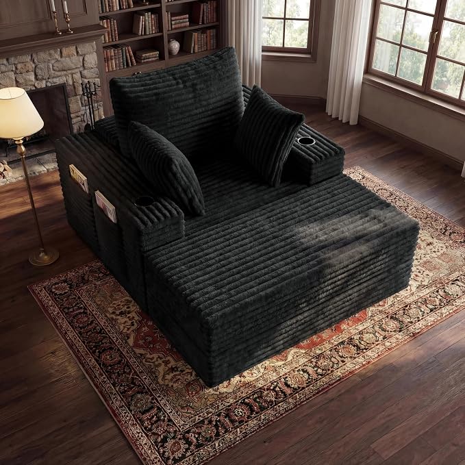 85" Oversized Chaise Lounge Chair Convertible 2-in-1 Boneless Sleeper Couch Bed Indoor Comfy Cloud Corduroy Reading Armchair sofa with Storage Pockets&Cup Holders for Bedroom,Living Room,Gray
