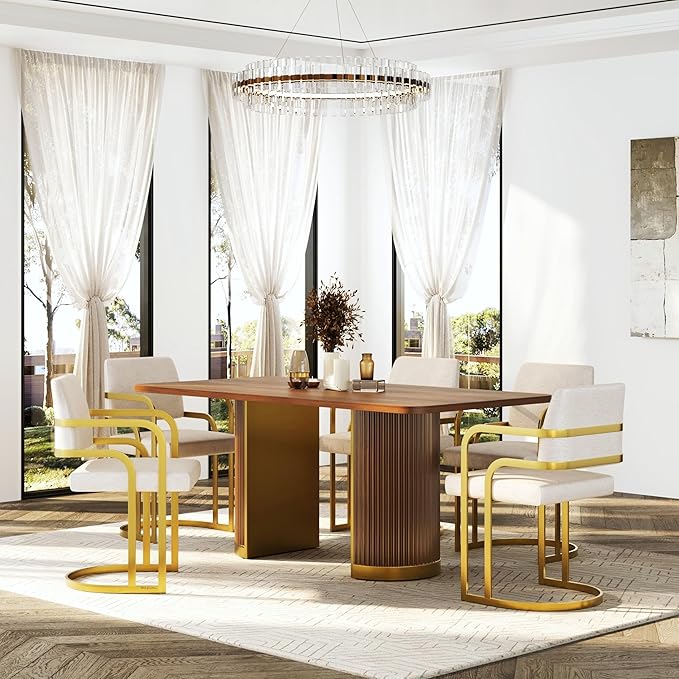 AUZ 70" Mid-Century Modern Dining Table for 4-6, Wood Kitchen Table with Fluted Pedestal Base and Brushed Gold Accents, Large Rectangular Farmhouse Dinner Table, Walnut(Table Only)