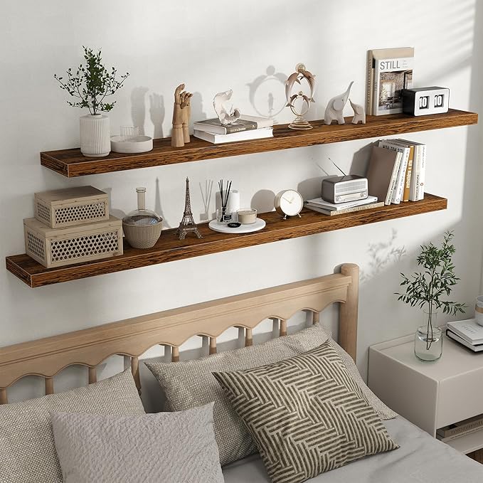 Fun Memories Floating Shelves for Wall, Rustic Wood Wall Mounted Shelves for Bathroom, Bedroom, Living Room and Kitchen, Storage & Home Decor (Set of 2, Brown, 66 in)
