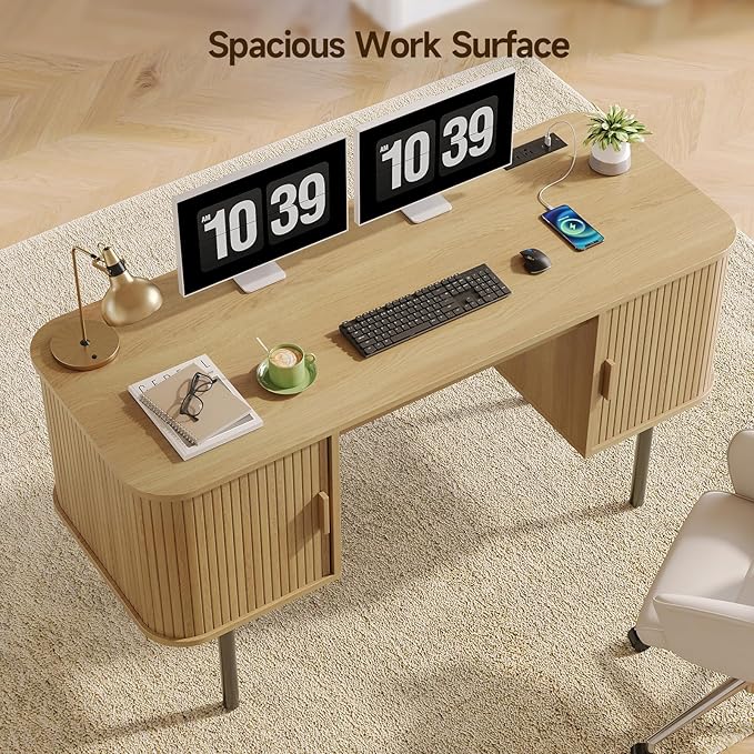 ONBRILL 55 Inch Fluted Computer Desk with Charging Station, Mid Century Executive Desk with 2 Storage Cabinets, Modern Home Office Large Desk with Metal Legs for Working, Studying, Writing Oak