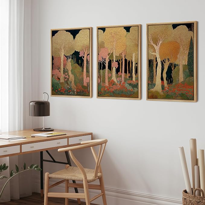 wall26 Framed Print Wall Art Set Art Nouveau Golden Forest Whimsical Vintage Tree and FloralDecorative Minimal Relax/Zen for Living Room, Bedroom, Office - 16"x24"x3 NATURAL