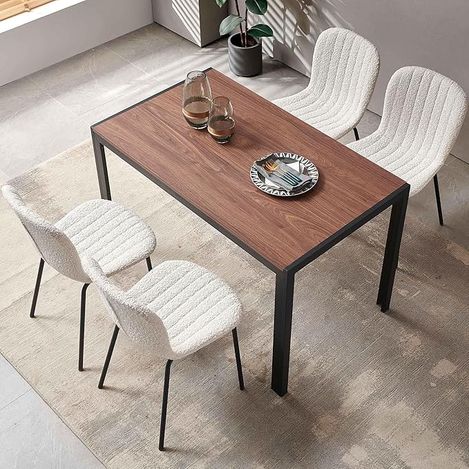 NORDICANA 5 - Piece Dining Set, Industrial Style 47 in Kitchen Table with Beige Faux Fur Dining Chairs for 4 Person, Dining Room Table Set for Dinette, Breakfast Nook Breakfast Nook