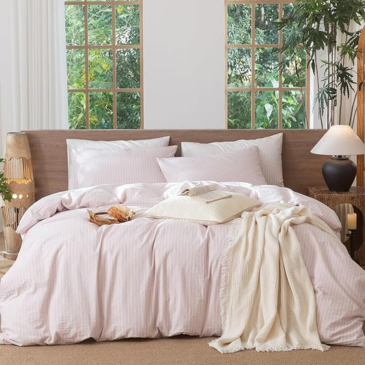 MooMee Striped Duvet Cover Set 100% Washed Cotton Linen Like Textured Breathable Durable Soft Comfy (Heathered Greyish Pink White Wide Stripes, Queen 90"x90")