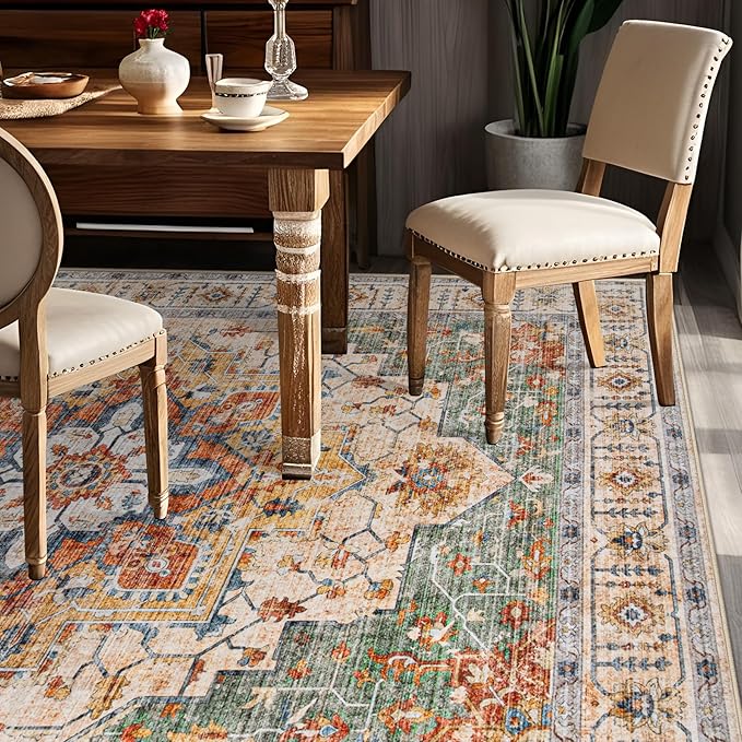 Area Rug 6x9 Vintage Rug: Washable Indoor Medallion Rugs Low Pile Distressed Floor Carpet Retro Accent Rug for Living Room Bedroom Kitchen Dining Table Home Office(Green/Yellow, 6'x9')