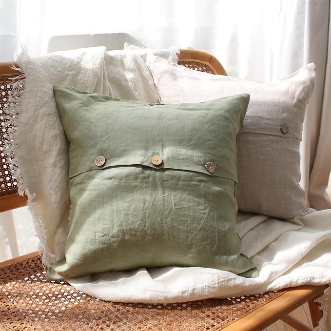 Simple&Opulence Linen Throw Pillow Covers Pack of 2, Triple Coconut Button Vintage Farmhouse Natural Flax Decorative Square Cushion Cover for Sofa Couch Chair - Sage Green, 18'' x 18''
