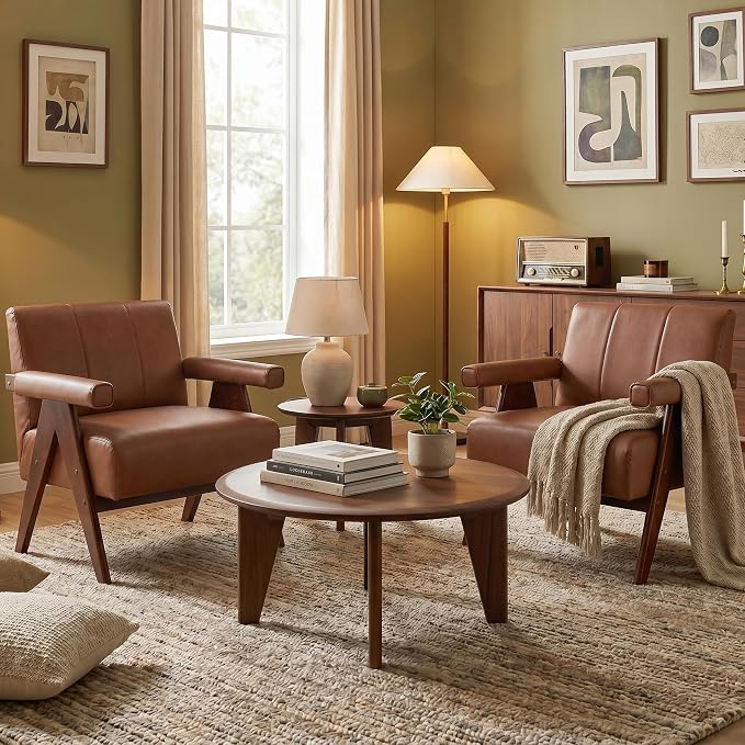 AODAILIHB Mid Century Modern Accent Chairs Set of 2, Solid Wood Frame Brown Leather Armchairs, Modern Reading & Living Room Chairs for Office Guest & Waiting Room